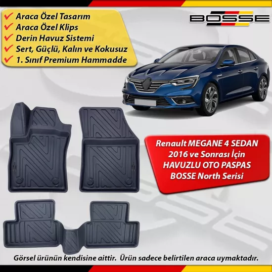 Renault  Megane 4 Sedan Paspas Araca Özel 2016 Ve Sonrası Derin Havuzlu Paspas BOSSE North Serisi