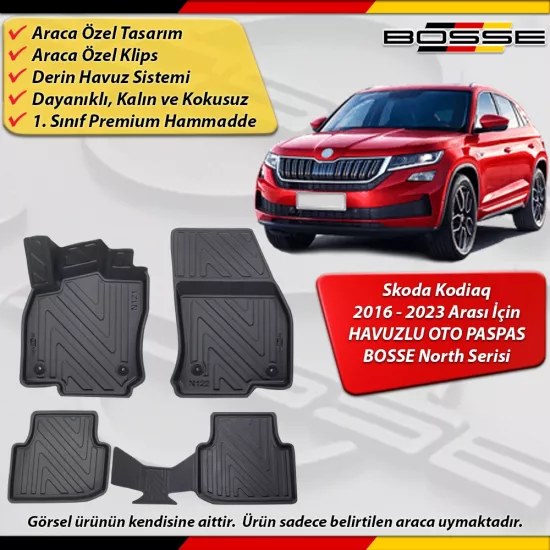Skoda Kodiaq Paspas Araca Özel 2016-2023 Arası İçin Derin Havuzlu Paspas BOSSE North Serisi