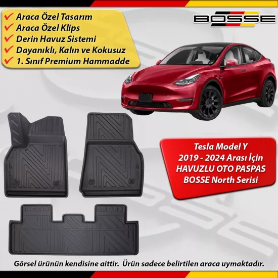 Tesla Model Y Paspas Araca Özel 2019 - 2024 Arası İçin Derin Havuzlu Paspas BOSSE North Serisi