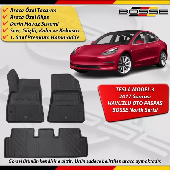 Tesla Model 3 Paspas Araca Özel 2017 Sonrası Derin Havuzlu Paspas BOSSE North Serisi