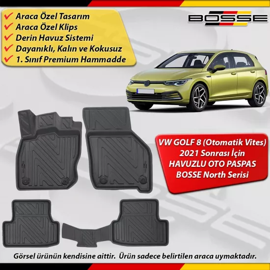 VW Golf 8 Paspas Araca Özel Otomatik Vites 2021 Ve Sonrası Derin Havuzlu Paspas BOSSE North Serisi