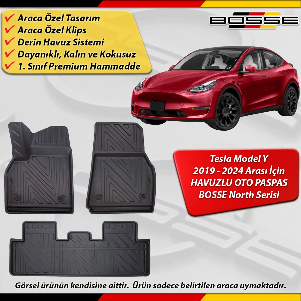 Tesla Model Y Paspas Araca Özel 2019 - 2024 Arası İçin Derin Havuzlu Paspas BOSSE North Serisi