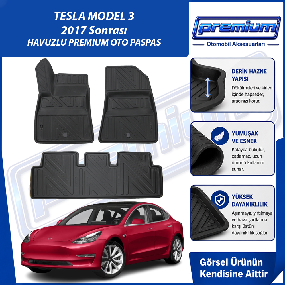 Tesla Model 3 Paspas Araca Özel 2017 Sonrası Derin Havuzlu Premium Oto Paspas
