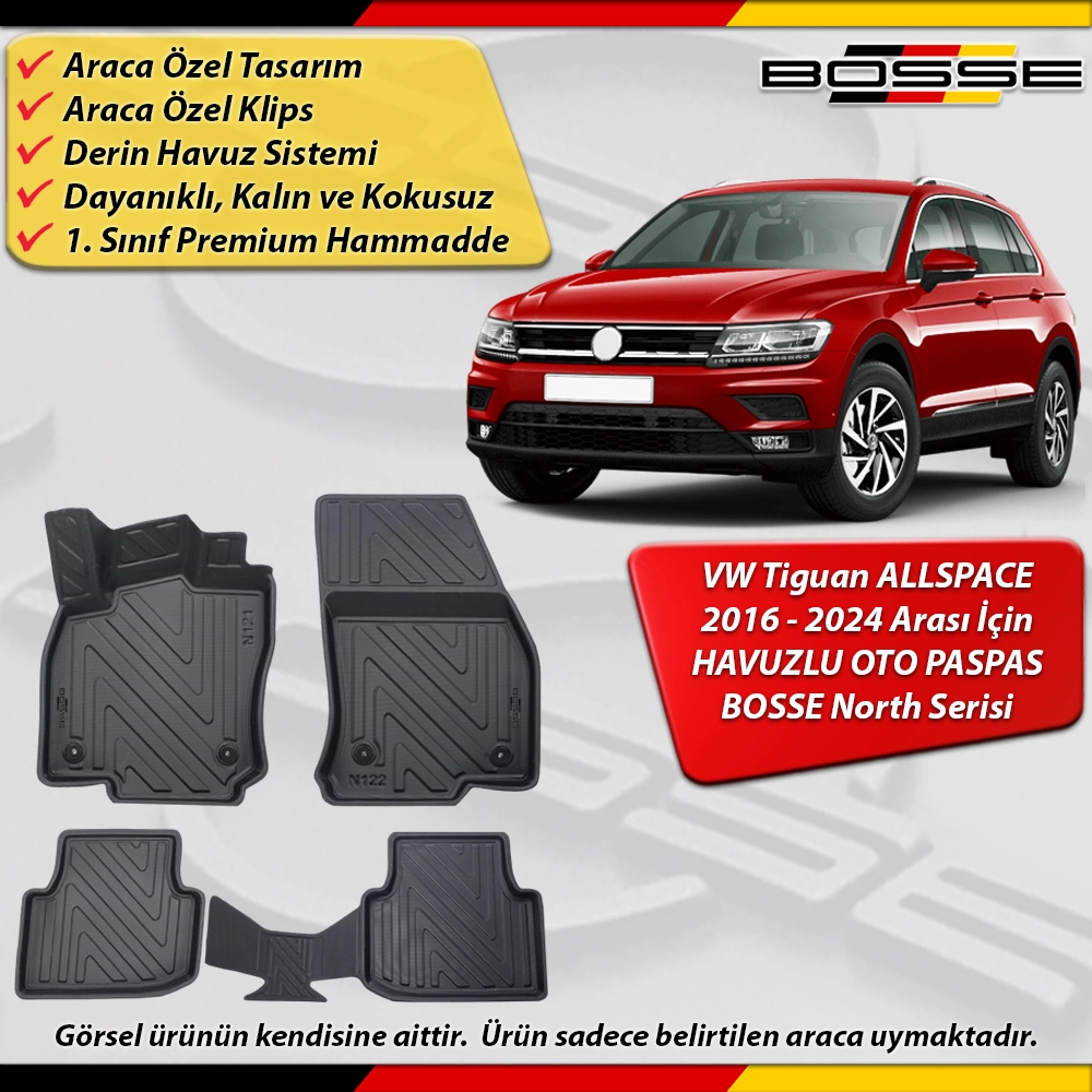 VW Tiguan Allspace Paspas Araca Özel 2016 - 2023 Derin Havuzlu Paspas BOSSE North Serisi