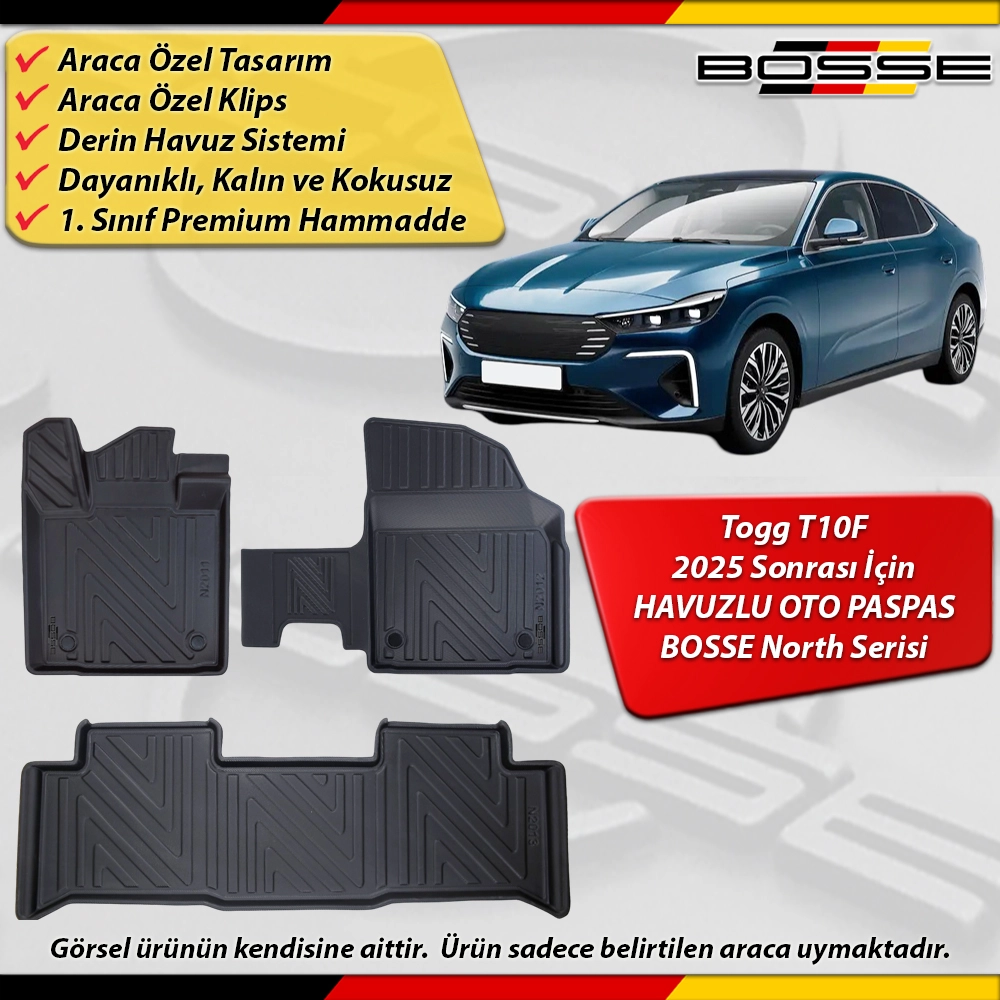 Togg T10F Sedan Paspas Araca Özel 2025 Ve Sonrası Derin Havuzlu Paspas BOSSE North Serisi