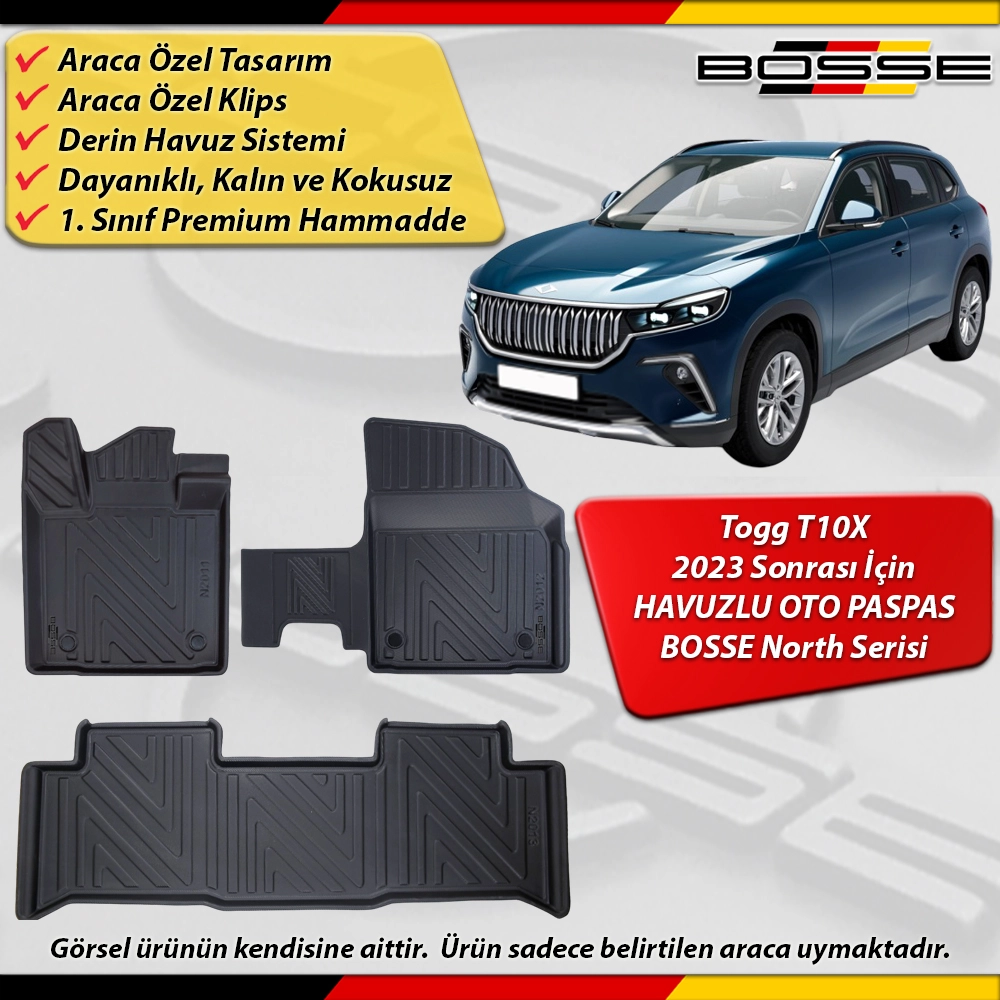 Togg T10X Paspas Araca Özel SUV 2023 Ve Sonrası Derin Havuzlu Paspas BOSSE North Serisi