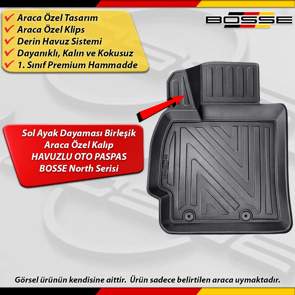 Toyota Auris Paspas Araca Özel Paspas 2007 - 2012 Arası Derin Havuzlu Paspas BOSSE North Serisi