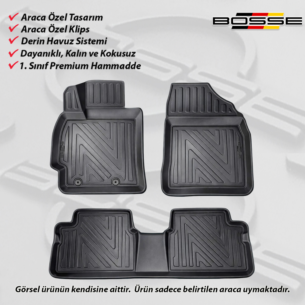 Toyota Corolla Paspas Araca Özel Paspas 2007 - 2012 Arası BOSSE 3D Havuzlu Oto Paspas