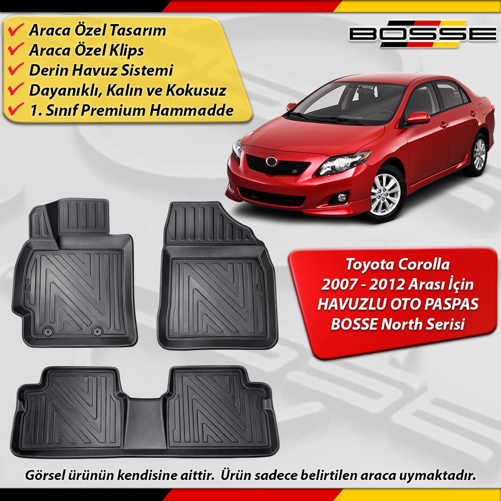 Toyota Corolla Paspas Araca Özel Paspas 2007 - 2012 Arası Derin Havuzlu Paspas BOSSE North Serisi
