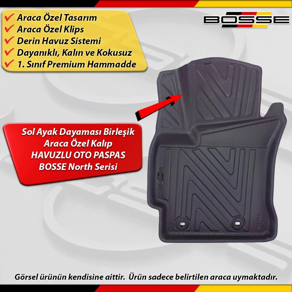 Toyota Corolla Paspas Araca Özel 2013 - 2018 Arası İçin Derin Havuzlu Paspas BOSSE North Serisi