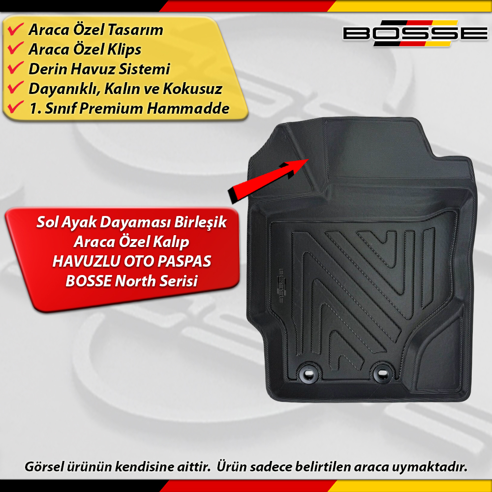 Toyota Yaris Paspas Araca Özel 2013 - 2020 Arası İçin Derin Havuzlu Paspas BOSSE North Serisi