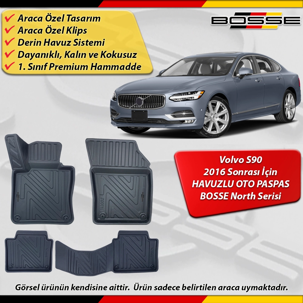 Volvo S90 Paspas Araca Özel 2016 Ve Sonrası Derin Havuzlu Paspas BOSSE North Serisi