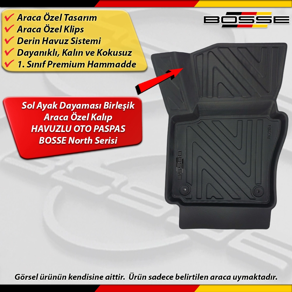 VW Caddy Paspas Araca Özel 2011 - 2015 Arası İçin Derin Havuzlu Paspas BOSSE North Serisi