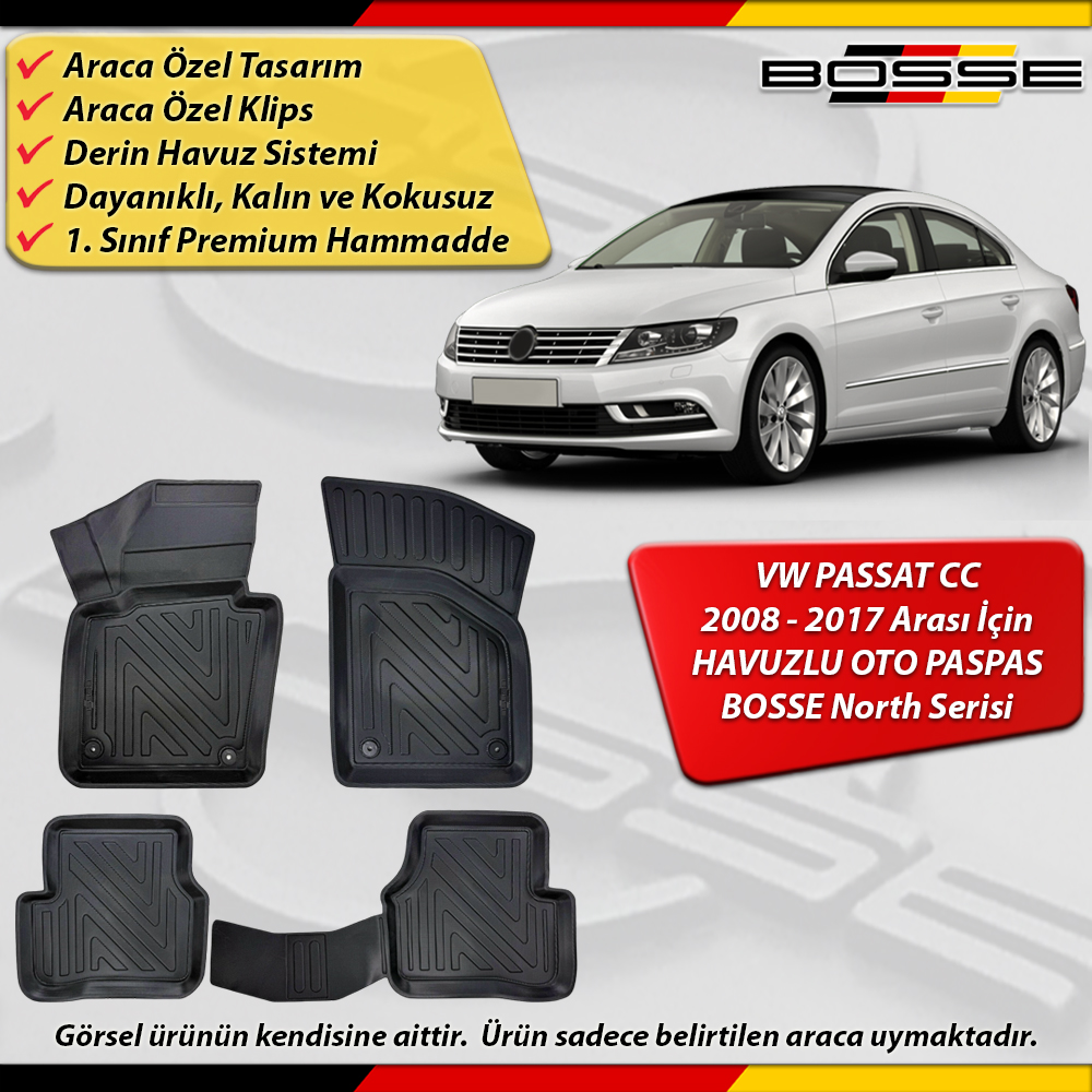VW Passat CC Paspas Araca Özel 2008 - 2017 Arası İçin Derin Havuzlu Paspas BOSSE North Serisi