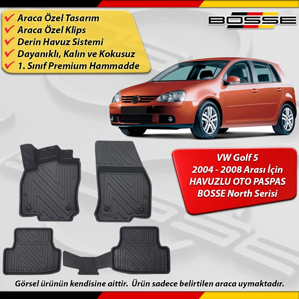 VW Golf 5 Paspas Araca Özel Paspas 2004 - 2008 Arası Derin Havuzlu Paspas BOSSE North Serisi