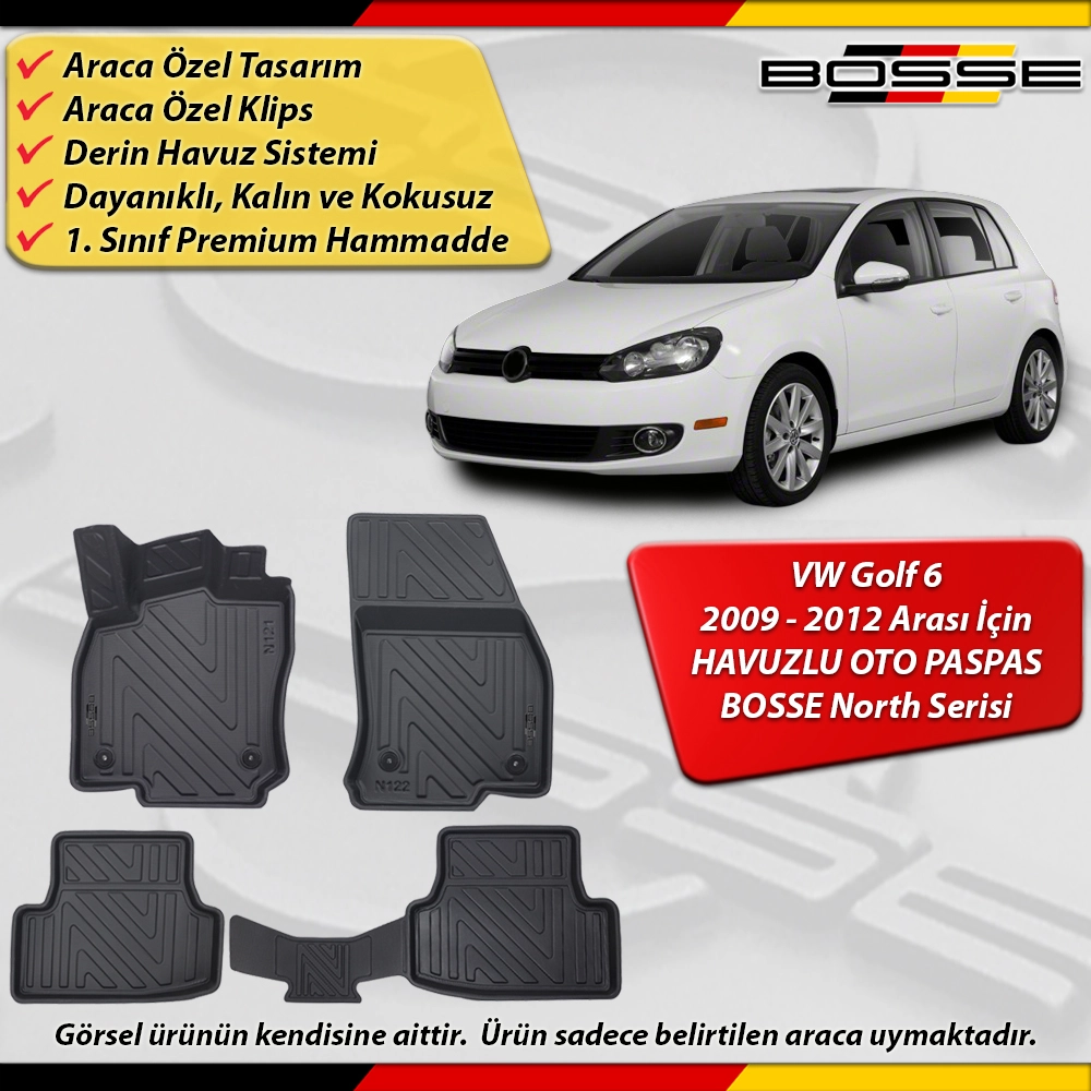 VW Golf 6 Paspas Araca Özel Paspas 2009 - 2012 Arası Derin Havuzlu Paspas BOSSE North Serisi
