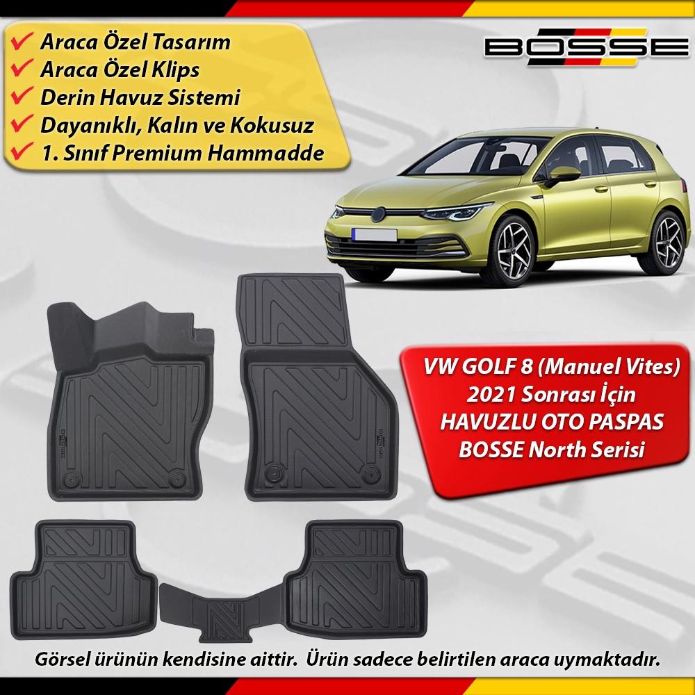 VW Golf 8 Paspas Araca Özel Manuel Vites 2021 Sonrası Derin Havuzlu Paspas BOSSE North Serisi