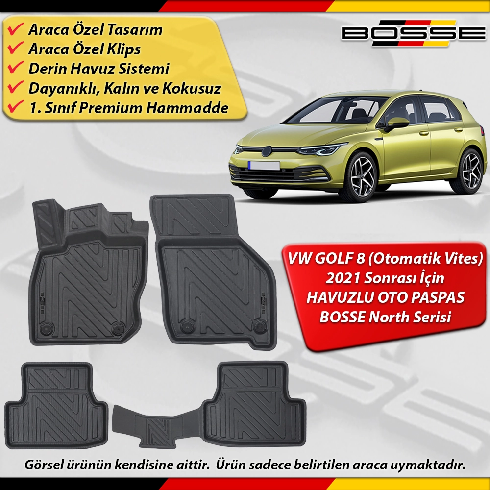 VW Golf 8 Paspas Araca Özel Otomatik Vites 2021 Ve Sonrası Derin Havuzlu Paspas BOSSE North Serisi
