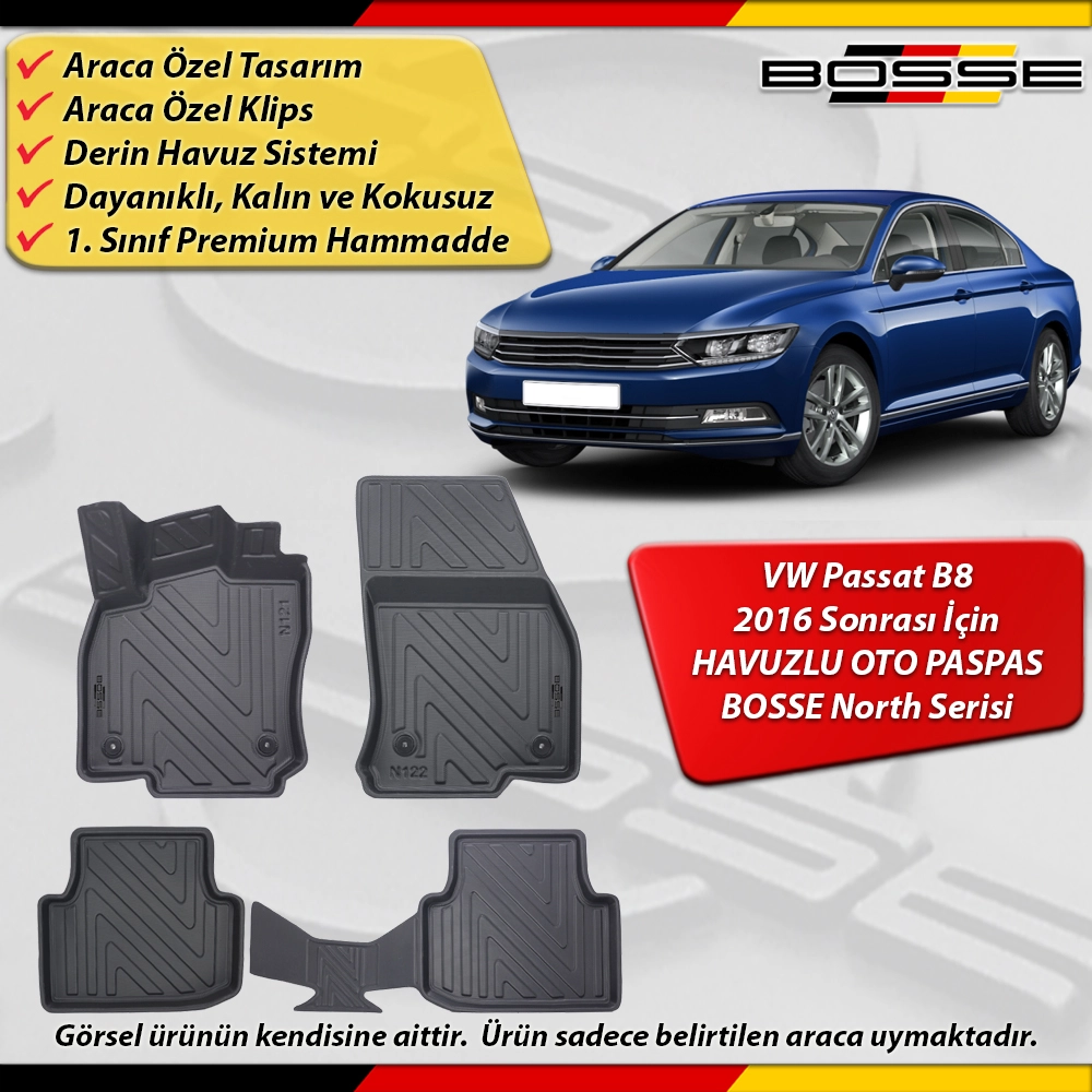 VW Passat B8 / B8.5 Paspas Araca Özel 2015-2025 Derin Havuzlu BOSSE North Serisi