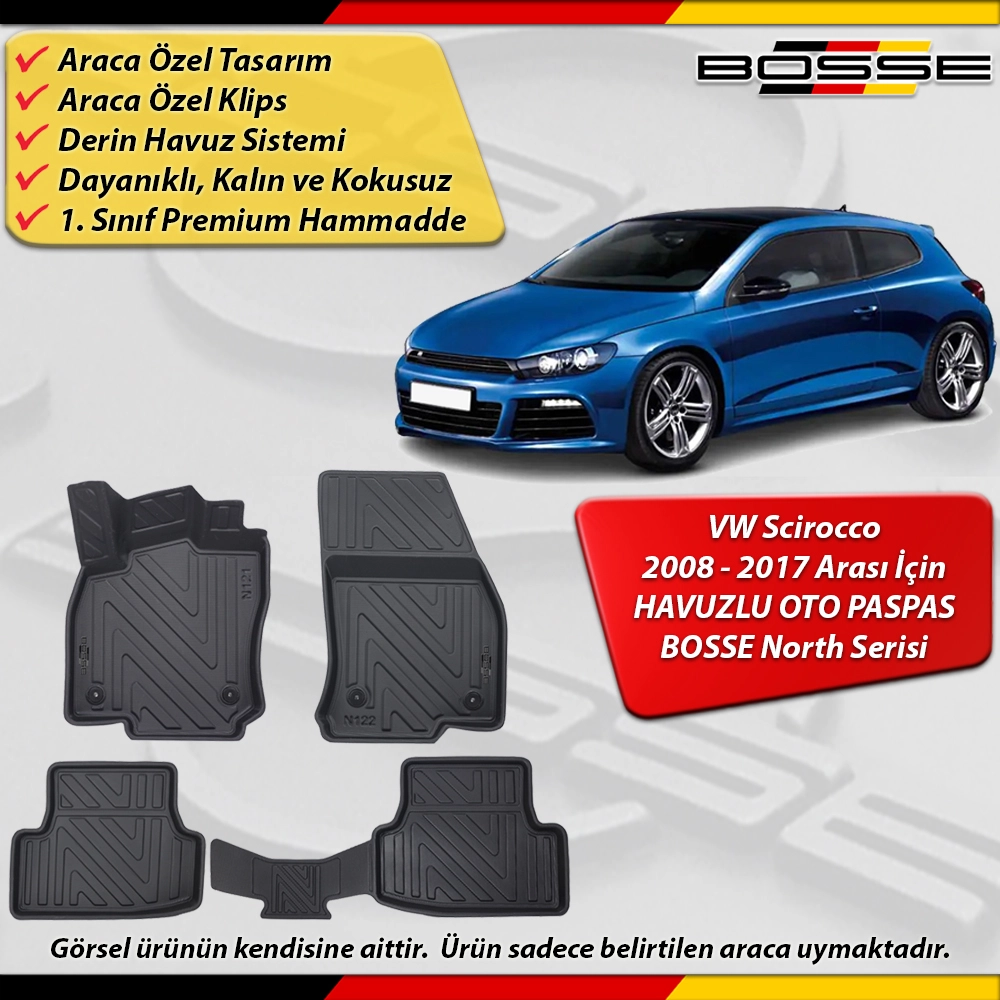VW Scirocco Paspas Araca Özel Paspas 2008 - 2017 Arası Derin Havuzlu Paspas BOSSE North Serisi