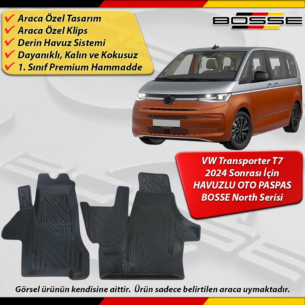 VW Trasnporter T7 Paspas Araca Özel 2024 Sonrası İçin Derin Havuzlu Paspas BOSSE North Serisi